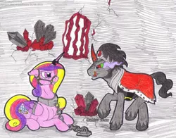 Size: 1024x802 | Tagged: safe, artist:skywalkergirl666, deleted from derpibooru, derpibooru import, king sombra, princess cadance, alicorn, pony, unicorn, alternate scenario, bad end, bit gag, bondage, bound wings, bridle, chains, collar, crystal, dark crystal, dungeon, duo, female, gag, horn ring, licking, licking lips, magic suppression, male, mare, prisoner, restrained, slave, stallion, straight, subdance, the bad guy wins, tongue out