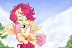 Size: 4500x3000 | Tagged: safe, artist:nobody47, derpibooru import, fluttershy, posey shy, pegasus, pony, absurd resolution, cloud, cute, duo, ear piercing, earring, eyes closed, female, filly, filly fluttershy, floating, glasses, hug, jewelry, mare, mother and daughter, one eye closed, outdoors, piercing, shyabetes, sky, smiling, spread wings, tree, underhoof, weapons-grade cute, wings