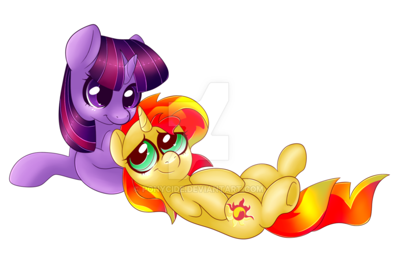 Size: 1024x676 | Tagged: safe, artist:ponycide, derpibooru import, sunset shimmer, twilight sparkle, twilight sparkle (alicorn), alicorn, pony, cuddling, female, lesbian, mare, on back, prone, shipping, simple background, smiling, snuggling, sunsetsparkle, transparent background, watermark