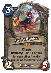 Size: 400x573 | Tagged: safe, artist:assasinmonkey, derpibooru import, big macintosh, pony, unicorn, dungeons and discords, card, crossover, hearthstone, legendary, race swap, sir mcbiggen, trading card, trading card game, unicorn big mac