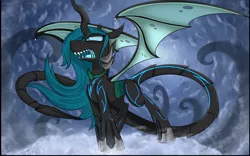 Size: 2560x1600 | Tagged: artist:dangercloseart, changeling, changeling queen, cloud, derpibooru import, fangs, female, fusion, glare, long tail, looking up, nightmare, nightmare chrysalis, nightmarified, open mouth, queen chrysalis, safe, sharp teeth, slit eyes, solo, spread wings, standing, teeth, wing claws, wings