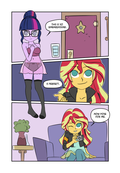 Size: 700x1005 | Tagged: questionable, artist:yokappa69, derpibooru import, sci-twi, sunset shimmer, twilight sparkle, comic:lecciones de amistad, equestria girls, black underwear, camera, clothes, comic, cute, dialogue, explicit source, female, females only, lesbian, nightgown, panties, pixiv, ribbon, scitwishimmer, see-through, shipping, stockings, sunsetsparkle, translation, twiabetes, underwear