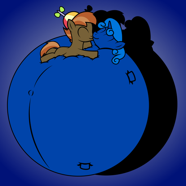 Size: 2400x2400 | Tagged: questionable, artist:mintydrop2013, derpibooru import, button mash, sweetie belle, earth pony, pony, unicorn, belly, belly bed, belly button, blueberry, blueberry inflation, eyes closed, food, happy, impossibly large belly, inflation, male, nuzzling, round, shipping, smiling, straight, sweetie berry, sweetiemash