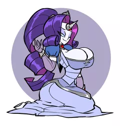 Size: 1187x1241 | Tagged: artist:bigdad, big breasts, bracelet, breasts, busty rarity, cleavage, clothes, derpibooru import, dress, dungeons and discords, evening gloves, female, gloves, horn ring, human facial structure, jewelry, necklace, pony colored satyr, pony coloring, ponytail, princess, rarity, satyr, shmarity, solo, solo female, suggestive, tiara