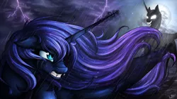 Size: 3840x2160 | Tagged: safe, artist:lupiarts, derpibooru import, nightmare moon, princess luna, alicorn, pony, angry, cloud, crying, duality, fangs, female, floppy ears, frown, glare, glowing eyes, grin, gritted teeth, lightning, magic, mare, moon, night, nightmare luna, nose wrinkle, rain, shadow, smiling, storm