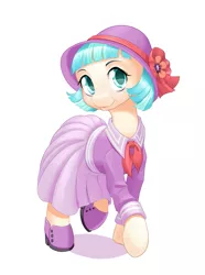 Size: 819x1100 | Tagged: safe, artist:dstears, derpibooru import, coco pommel, earth pony, pony, 1920s, clothes, cocobetes, cute, dress, female, hat, looking at you, mare, raised hoof, raised leg, simple background, smiling, solo, white background