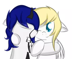 Size: 1280x1059 | Tagged: safe, artist:nevaylin, derpibooru import, oc, oc:softshell, oc:whiteout, unofficial characters only, hybrid, pegasus, pony, changeling pony mule, colored pupils, female, hug, kissing, lesbian, love, mare, oc x oc, shipping