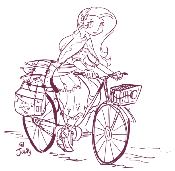 Size: 774x755 | Tagged: safe, artist:jowybean, derpibooru import, fluttershy, equestria girls, bicycle, humanized, monochrome