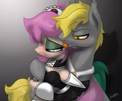 Size: 2500x2059 | Tagged: safe, artist:miniferu, derpibooru import, oc, oc:dante, oc:warden, unofficial characters only, bat pony, pony, clothes, licking, maid, tongue out, wardante