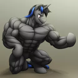 Size: 1191x1191 | Tagged: anthro, artist:ponyanony, biceps, derpibooru import, fetish, flexing, male, muscle fetish, muscles, oc, oc:dark ice, solo, solo male, suggestive, unguligrade anthro, unofficial characters only