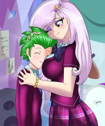 Size: 900x1077 | Tagged: safe, artist:thebrokencog, derpibooru import, fleur-de-lis, spike, equestria girls, boob smothering, breasts, busty fleur-de-lis, clothes, commission, crack shipping, crystal prep academy uniform, crystal prep shadowbolts, cute, equestria girls-ified, eyes closed, fanfic art, female, fleur-de-spike, human coloration, male, pleated skirt, school uniform, secret admirer, shipping, skirt, smothering, straight