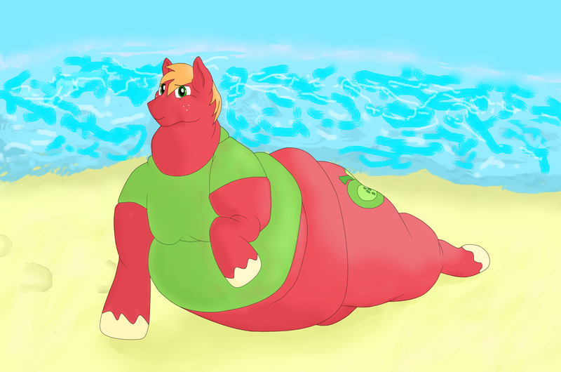 Size: 3624x2399 | Tagged: anthro, artist:lupin quill, beach, belly, bhm, big belly, bigger macintosh, big macintosh, chubby cheeks, clothes, derpibooru import, double chin, draw me like one of your french girls, fat, fat legs, male, moobs, muffin top, neck fat, neck roll, obese, ocean, questionable, rolls of fat, solo, solo male, thick legs, thunder thighs, t-shirt