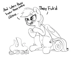 Size: 1280x1032 | Tagged: 30 minute art challenge, and then they all fucked, artist:pabbley, belly button, campfire, derpibooru import, dialogue, fuk, implied sex, log, monochrome, open mouth, rainbow dash, sitting, solo focus, story, suggestive, underhoof