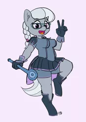 Size: 1280x1826 | Tagged: 30 minute art challenge, anthro, artist:pabbley, boots, braid, braided ponytail, clothes, compression shorts, derpibooru import, glasses, open mouth, peace sign, pleated skirt, ponytail, safe, shorts, silver spoon, simple background, skirt, solo, unguligrade anthro