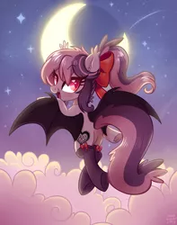 Size: 2600x3300 | Tagged: safe, artist:hawthornss, derpibooru import, oc, oc:sweet velvet, unofficial characters only, bat pony, pony, clothes, cloud, cute, cute little fangs, ear fluff, fangs, flank, flying, looking at you, moon, socks, solo, stars, underhoof, wingding eyes