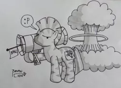 Size: 1280x930 | Tagged: artist:berrypawnch, derpibooru import, duckface, fake cutie mark, missile launcher, monochrome, mushroom cloud, oc, oc:mcmiag, safe, sticky note, traditional art, unofficial characters only, zebra