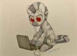 Size: 2867x2098 | Tagged: artist:dawnfire, colored pupils, commission, computer, derpibooru import, earbuds, fake cutie mark, laptop computer, oc, oc:mcmiag, red eyes, safe, sticky note, traditional art, unofficial characters only, zebra