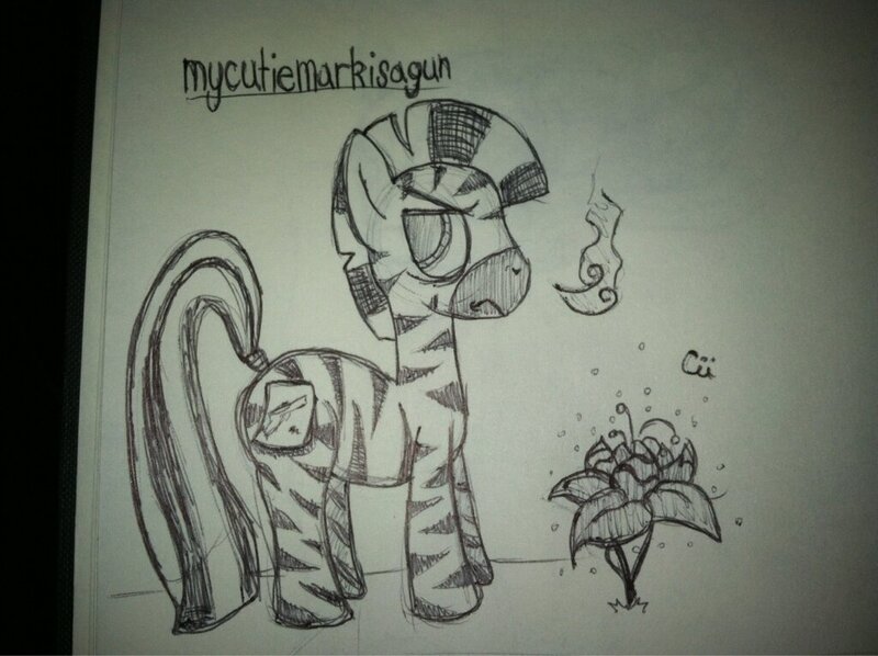 Size: 1024x765 | Tagged: annoyed, artist:cii, derpibooru import, fake cutie mark, monochrome, oc, oc:mcmiag, poison joke, safe, sticky note, traditional art, unofficial characters only, zebra