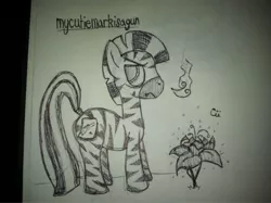 Size: 1024x765 | Tagged: annoyed, artist:cii, derpibooru import, fake cutie mark, monochrome, oc, oc:mcmiag, poison joke, safe, sticky note, traditional art, unofficial characters only, zebra