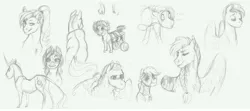 Size: 10200x4528 | Tagged: safe, artist:earthsong9405, deleted from derpibooru, derpibooru import, oc, oc:spring blossom, oc:winter gale, unofficial characters only, earth pony, pegasus, pony, unicorn, absurd resolution, amputee, anxiety, depression, disabled, goldenhar syndrome, lordosis, magical lesbian spawn, monochrome, offspring, paralysis, parent:applejack, parent:rainbow dash, parents:appledash, scared, scoliosis, sketch, sketch dump, wheelchair