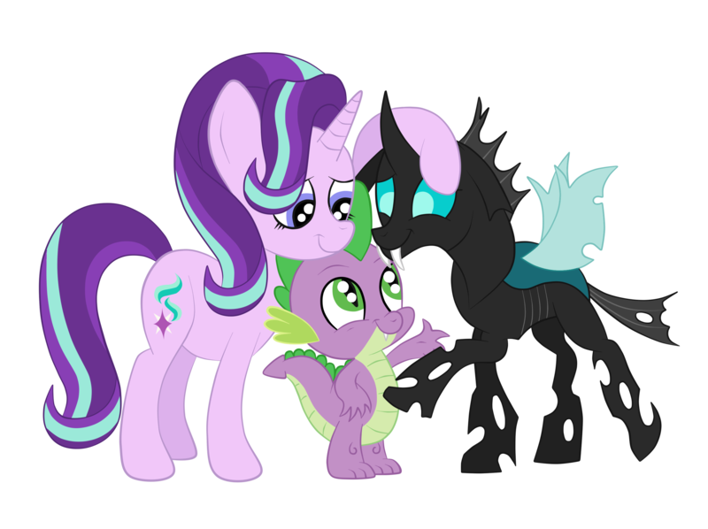 Size: 2592x1936 | Tagged: safe, artist:squipycheetah, derpibooru import, spike, starlight glimmer, thorax, changeling, dragon, pony, unicorn, the times they are a changeling, cute, fangs, female, floppy ears, forgiveness, friendshipping, glimmerbetes, happy, hug, looking down, looking up, male, mare, raised hoof, simple background, smiling, spikelove, standing, thorabetes, transparent background, trio, vector