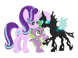 Size: 2592x1936 | Tagged: safe, artist:squipycheetah, derpibooru import, spike, starlight glimmer, thorax, changeling, dragon, pony, unicorn, the times they are a changeling, cute, fangs, female, floppy ears, forgiveness, friendshipping, glimmerbetes, happy, hug, looking down, looking up, male, mare, raised hoof, simple background, smiling, spikelove, standing, thorabetes, transparent background, trio, vector