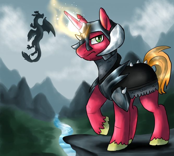 Size: 1272x1144 | Tagged: safe, artist:not-ordinary-pony, derpibooru import, big macintosh, discord, pony, unicorn, dungeons and discords, armor, dragonborn, race swap, sir mcbiggen, skyrim, the elder scrolls, unicorn big mac