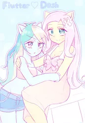 Size: 548x793 | Tagged: safe, artist:nemucure, derpibooru import, fluttershy, rainbow dash, human, belly button, breasts, cleavage, clothes, dress, female, flutterdash, humanized, lesbian, midriff, panties, pink underwear, shipping, shorts, sports bra, underwear