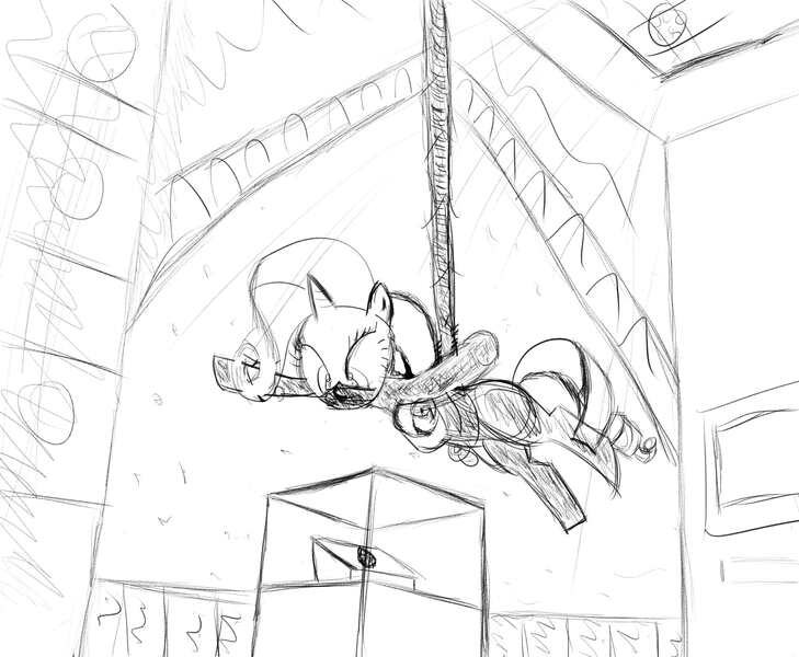 Size: 1700x1400 | Tagged: artist:supermeatbrony, bodysuit, derpibooru import, mission impossible, monochrome, rarity, safe, solo, suspended