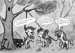 Size: 1261x900 | Tagged: semi-grimdark, artist:agm, derpibooru import, apple bloom, scootaloo, sweetie belle, earth pony, pegasus, pony, unicorn, abuse, cutie mark crusaders, dialogue, grayscale, hanging, hanging (by neck), imminent death, implied murder, monochrome, noose, scootabuse, this will end in death, this will end in tears, this will end in tears and/or death, this will end in tears and/or death and/or covered in tree sap, tree