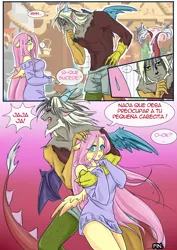 Size: 2480x3508 | Tagged: safe, artist:kyotoxart, derpibooru import, discord, fluttershy, anthro, human, clothes, comic, discoshy, humanized, male, meme, partial nudity, shipping, spanish, straight, sweater, sweatershy, topless, yaranaika
