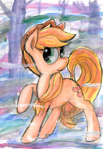 Size: 1721x2489 | Tagged: applejack, artist:autobotchari, derpibooru import, forest, mist, raised hoof, safe, solo, traditional art, watercolor painting