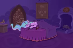 Size: 1000x658 | Tagged: artist:sensko, bed, bedroom, cute, dark, derpibooru import, eyes closed, princess celestia, prone, safe, sleeping, smiling, solo, unshorn fetlocks