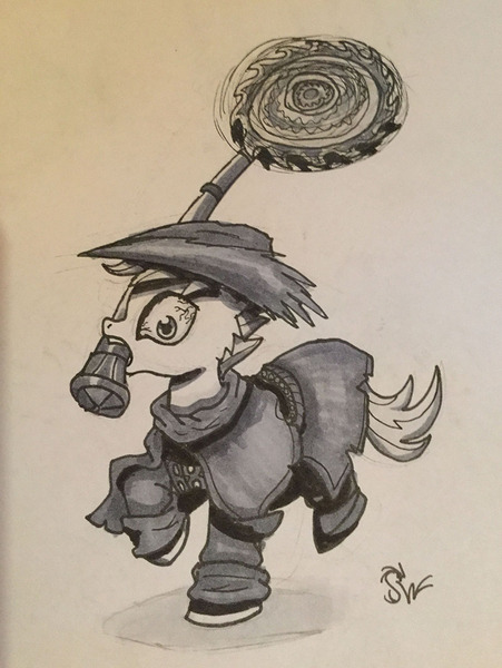 Size: 800x1065 | Tagged: artist:sensko, bloodborne, clothes, derpibooru import, hunter, pencil drawing, safe, scootaloo, traditional art, whirligig saw