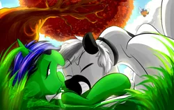 Size: 1700x1080 | Tagged: artist:phuocthiencreation, derpibooru import, grass, oc, safe, tickling, tree, unofficial characters only