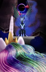 Size: 1024x1604 | Tagged: artist:e-lta, confrontation, derpibooru import, eclipse, nightmare moon, princess celestia, safe, sitting, solar eclipse, spread wings