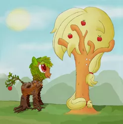 Size: 2632x2648 | Tagged: safe, artist:ultrathehedgetoaster, derpibooru import, applejack, bloomberg, dryad, plant pony, apple tree, role reversal, tree, treejack, wat