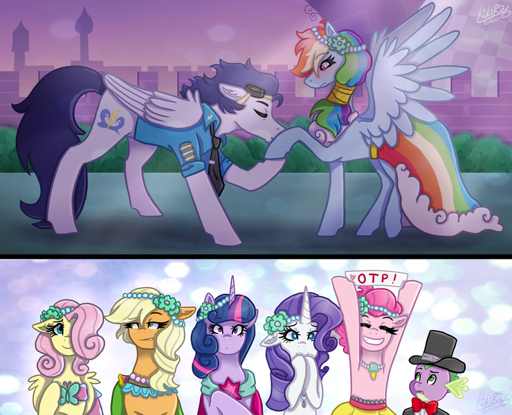 Size: 2221x1800 | Tagged: safe, artist:kikirdcz, derpibooru import, applejack, fluttershy, pinkie pie, rainbow dash, rarity, soarin', spike, twilight sparkle, dragon, earth pony, pegasus, pony, unicorn, a canterlot wedding, 30 day otp challenge, applejack the anti-shipper, blushing, bridesmaid dress, clothes, dress, fluttershipper, gala dress, hair over one eye, hat, hoof kissing, male, mane six, necktie, otp, pinkie the shipper, shipper on deck, shipperity, shipping, sign, signature, soarindash, starry eyes, straight, suit, top hat, wingding eyes