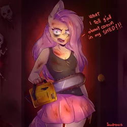 Size: 1500x1500 | Tagged: anthro, artist:izudraws, blood, chainsaw, clothes, derpibooru import, fluttershy, .mov, pleated skirt, semi-grimdark, shed.mov, skirt, solo, stay out of my shed, tanktop