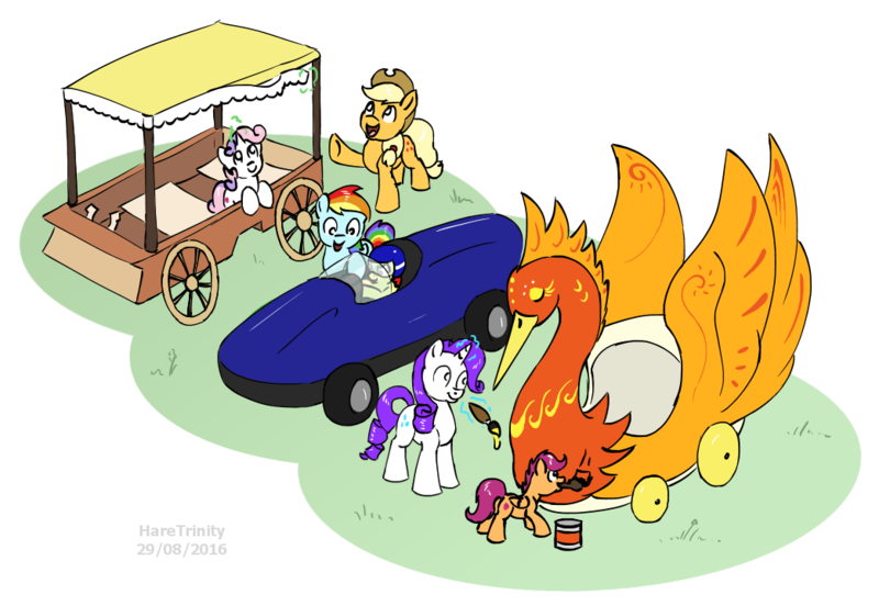 Size: 1043x720 | Tagged: apple bloom, applejack, artist:haretrinity, cutie mark crusaders, derpibooru import, rainbow dash, rarity, safe, scootaloo, sweetie belle, the cart before the ponies