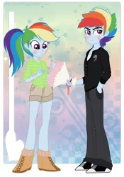 Size: 748x1068 | Tagged: safe, artist:jaquelindreamz, derpibooru import, rainbow dash, equestria girls, bouquet, equestria guys, male, rainbow blitz, rule 63, self paradox, self ponidox, selfcest, shipping, straight, tsundere