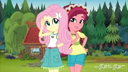 Size: 1280x720 | Tagged: safe, artist:imperfectxiii, artist:themexicanpunisher, derpibooru import, fluttershy, gloriosa daisy, equestria girls, legend of everfree, camp everfree, camp everfree logo, camp everfree outfits, clothes, daisyshy, denim skirt, female, geode of fauna, geode of shielding, geode of super speed, lesbian, magical geodes, pockets, shipping, shorts, skirt, sleeveless, tanktop