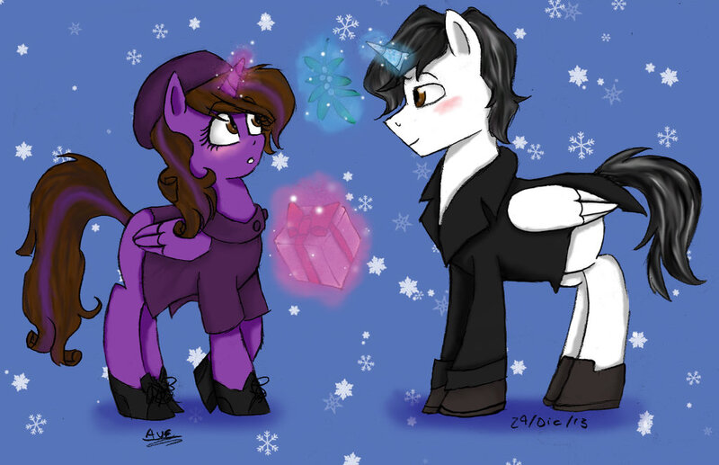 Size: 1024x662 | Tagged: safe, artist:violetfeatheroficial, derpibooru import, oc, oc:crimson guard, oc:violet feather, unofficial characters only, male, mistletoe, present, straight