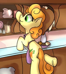 Size: 1000x1120 | Tagged: safe, artist:klemm, derpibooru import, carrot top, derpy hooves, golden harvest, pegasus, pony, apron, clothes, female, food, kitchen, mare, muffin, newbie artist training grounds, stealing