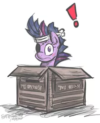 Size: 1827x2247 | Tagged: safe, artist:flutterthrash, derpibooru import, twilight sparkle, pony, unicorn, box, cardboard box, exclamation point, female, future twilight, looking at you, mare, metal gear, metal gear solid, newbie artist training grounds, solid sparkle