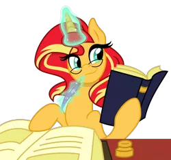 Size: 5332x5000 | Tagged: safe, artist:light262, artist:nano23823, deleted from derpibooru, derpibooru import, sunset shimmer, pony, unicorn, equestria girls, absurd resolution, book, glasses, glowing horn, magic, quill, simple background, solo, studying, telekinesis, transparent background, vector
