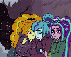 Size: 657x526 | Tagged: safe, artist:mintydreams7, derpibooru import, adagio dazzle, aria blaze, sonata dusk, equestria girls, clothes, eyes closed, homeless, hoodie, sad, snow, snowfall, the dazzlings, this will end in hypothermia, this will end in tears and/or death, winter outfit
