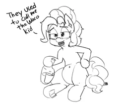 Size: 1280x1091 | Tagged: 30 minute art challenge, alcohol, artist:pabbley, belly button, blazing saddles, derpibooru import, dialogue, ear fluff, gene wilder, monochrome, open mouth, pinkie pie, safe, solo, underhoof