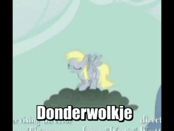 Size: 480x360 | Tagged: safe, derpibooru import, edit, edited screencap, screencap, derpy hooves, pegasus, pony, the last roundup, animated, caption, cloud, dutch, female, gif, gif with captions, jumping, lightning, mare, solo