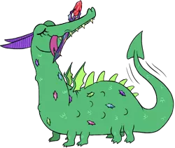 Size: 758x641 | Tagged: safe, artist:quoting_mungo, derpibooru import, crackle, dragon, gauntlet of fire, bloodstone scepter, dragon lord crackle, eyes closed, forked tongue, mouth hold, simple background, smiling, solo, tail wag, tongue out, transparent background